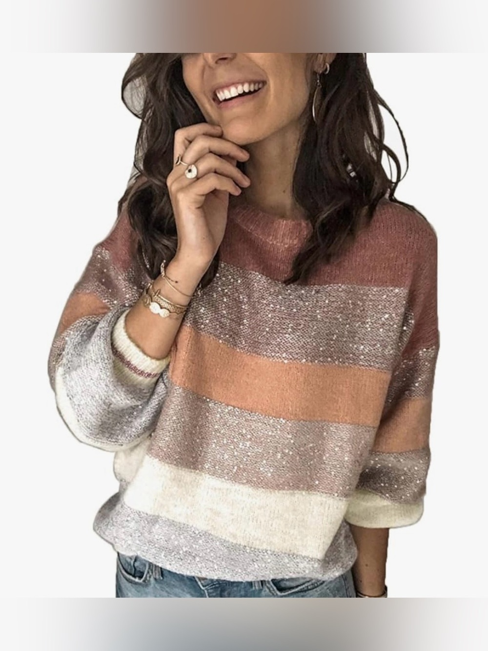 Striped Crewneck Sweater in Rose, Peach & Cream (size Women’s Large)
